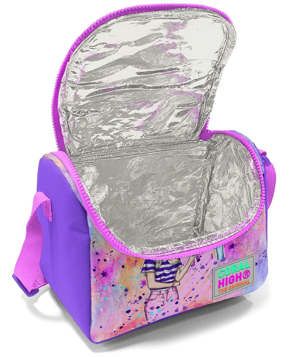 Coral High Pembe Mor Fashion Girl Desenli Kız Çocuk Isı Yalıtımlı Beslenme Çantası ve Kalemlik Seti
