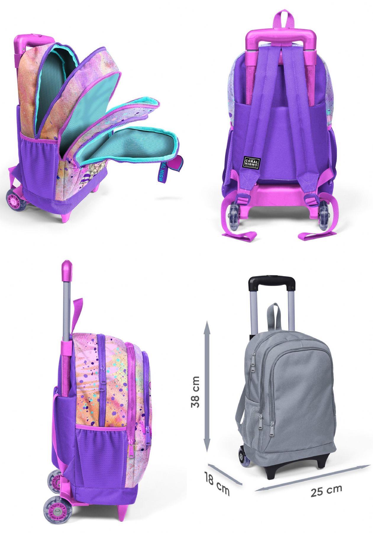 Coral High Pembe Mor Fashion Girl Işıklı Tekerlekli Çekçek Çanta ve Kalemlik Seti - Kız Çocuk