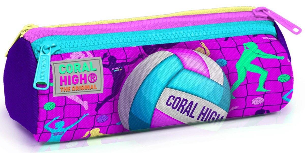 Coral High Pembe Mor Voleybol Üç Bölmeli Kalem Çantası - Kız Çocuk