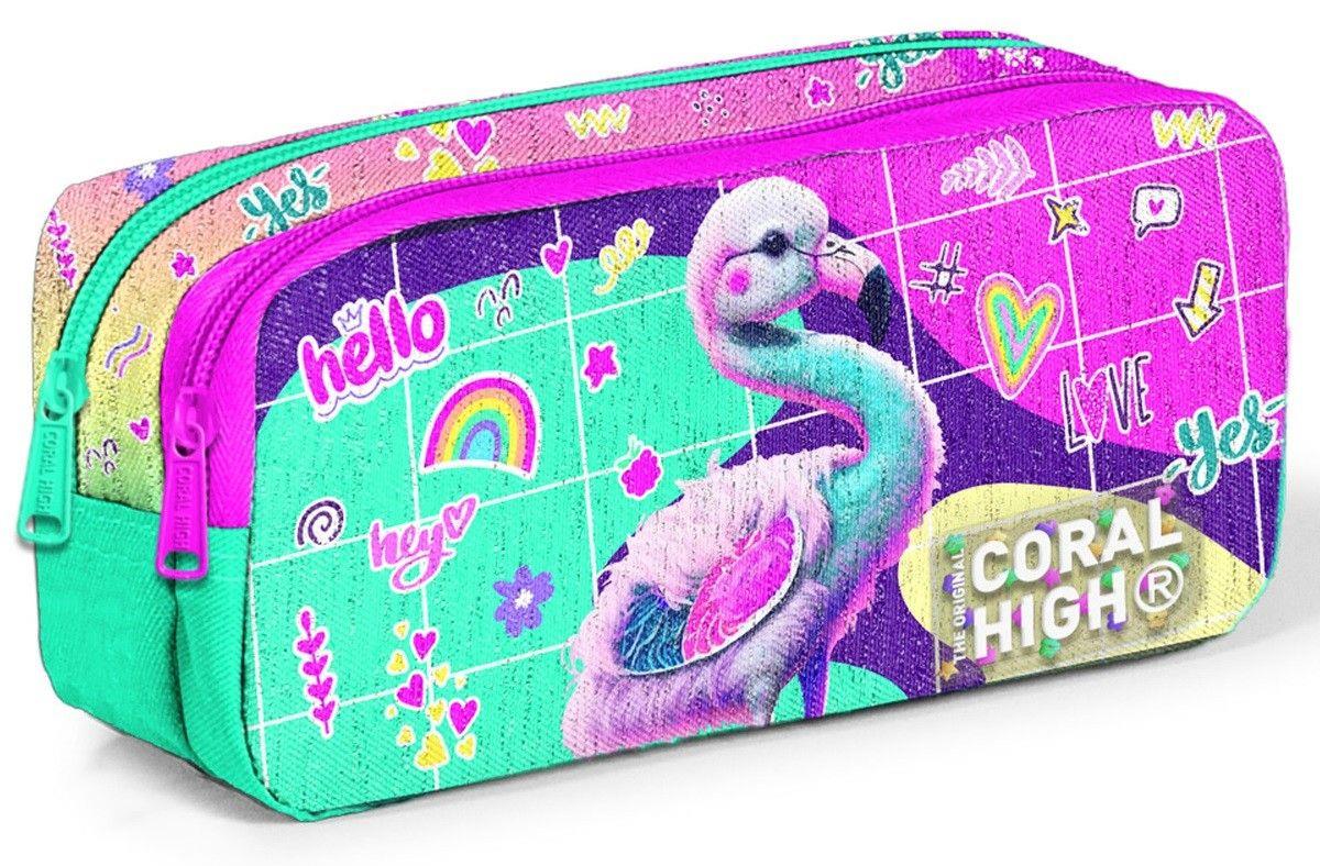 Coral High Pembe Su Yeşili Flamingo İki Bölmeli Kalem Çantası - Kız Çocuk