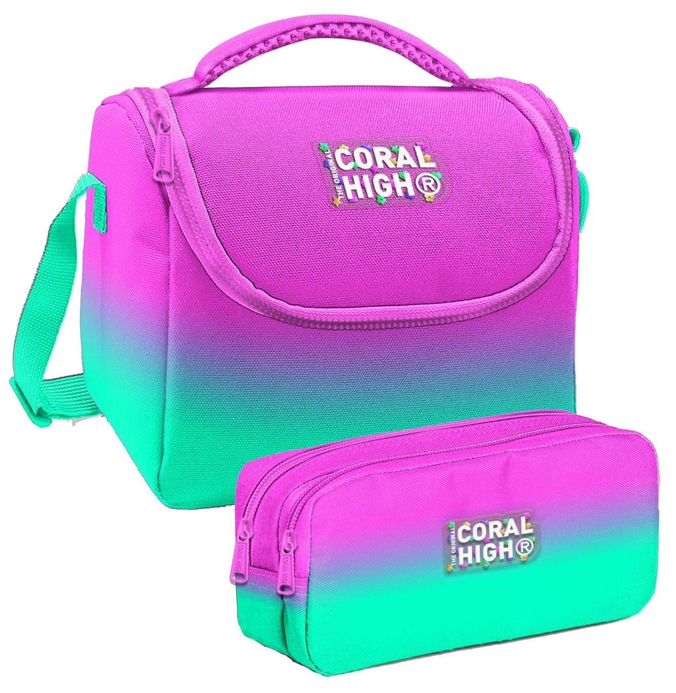 Coral High Pembe Su Yeşili Renk Geçişli Desenli Kız Çocuk Isı Yalıtımlı Beslenme Çantası ve Kalemlik Seti