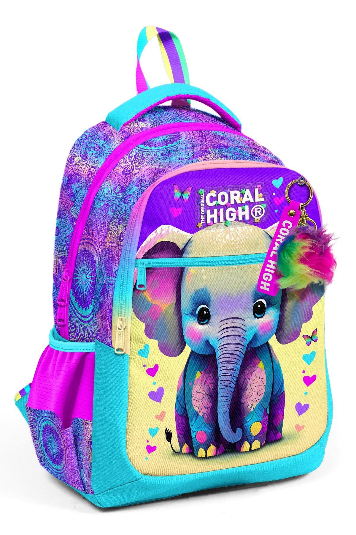 Coral High Pembe Turkuaz Fil Desenli Kız Çocuk İlkokul Çantası ve Günlük Sırt Çantası