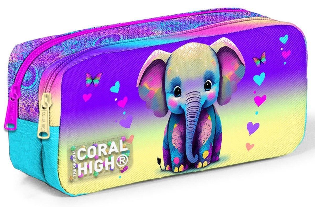 Coral High Pembe Turkuaz Fil İki Bölmeli Kalem Çantası - Kız Çocuk