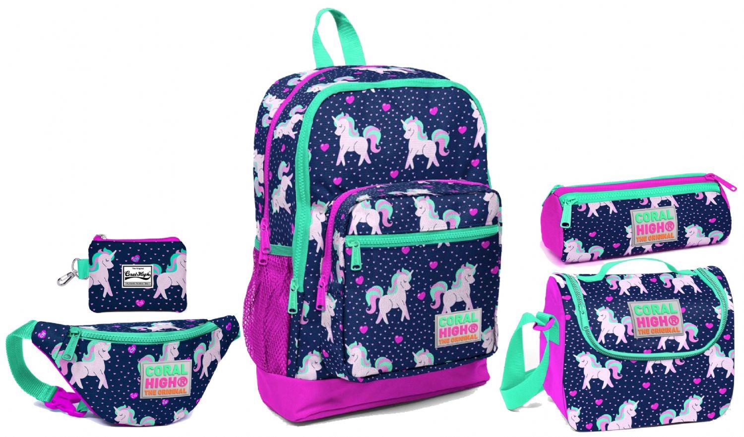 Coral High Pembe Unicorn Desenli Okul ve Günlük Çanta Seti - Kız