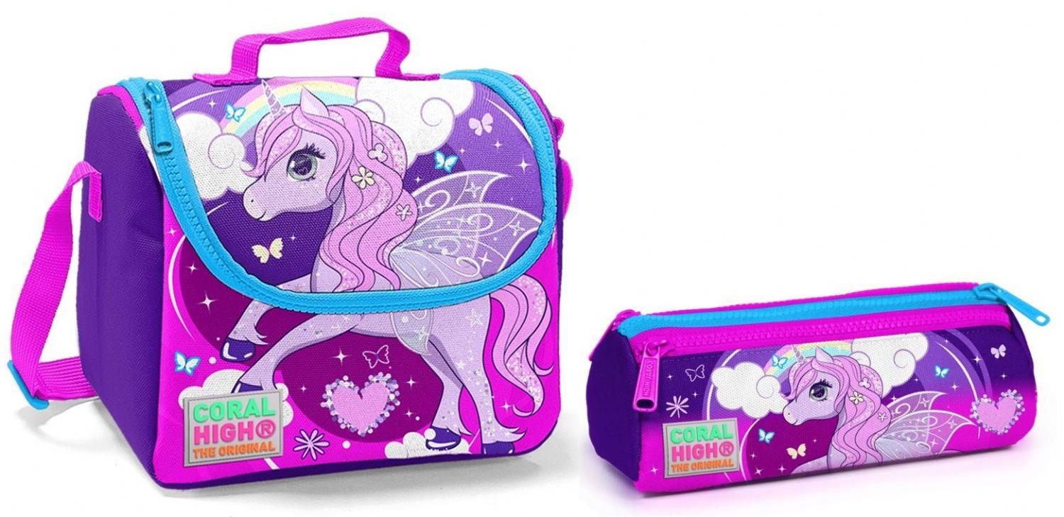 Coral High Pembe Unicorn Kız Çocuk Beslenme Çantası ve Kalemlik Seti