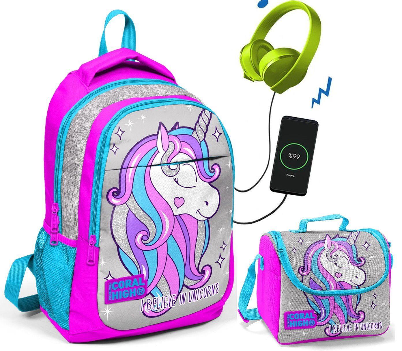 Coral High Pembe Unicorn Okul ve Beslenme Çantası - Kız - USB Soketli