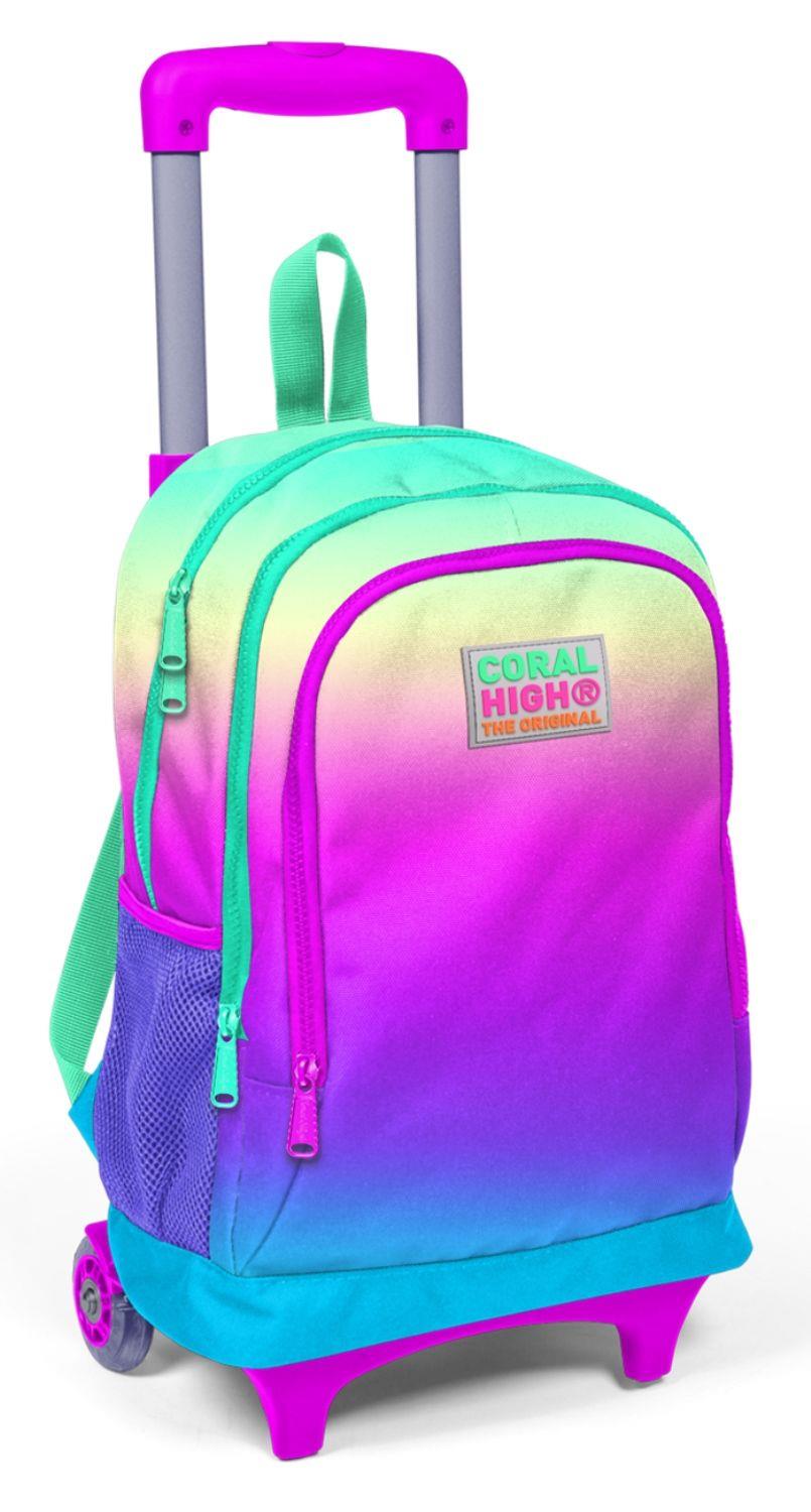 Coral High Pembe-Yeşil-Mavi Işıklı Tekerlekli Çekçek Okul Çantası