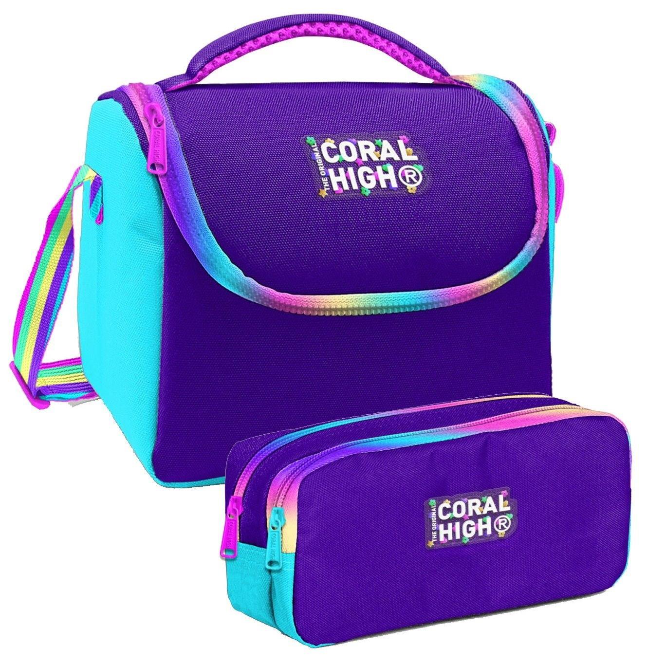 Coral High Rainbow Fermuarlı Mor Desenli Kız Çocuk Isı Yalıtımlı Beslenme Çantası ve Kalemlik Seti
