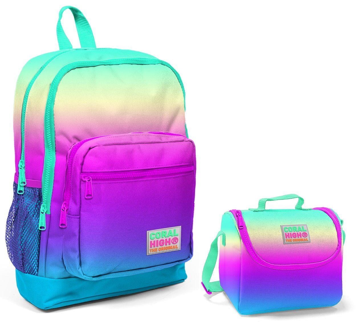 Coral High Rengarenk Baskılı Kız Çocuk İlkokul Çantası ve Beslenme Seti