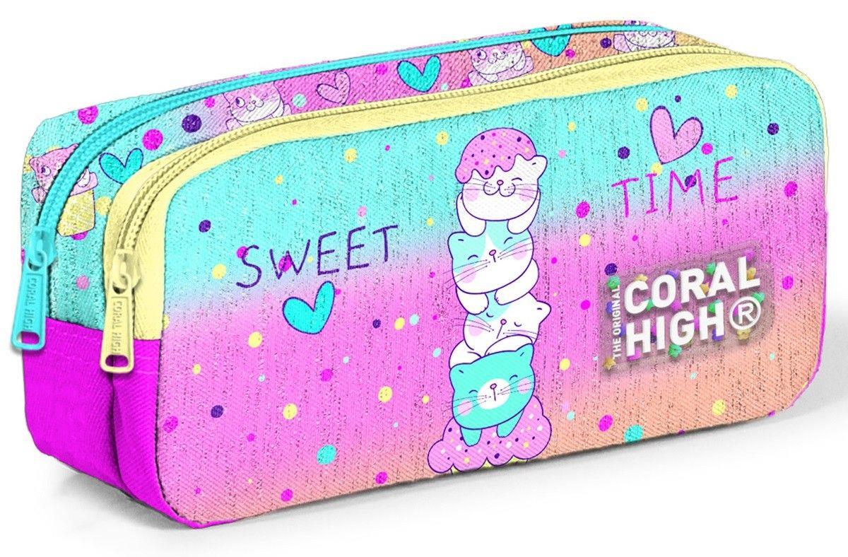 Coral High Renkli Dondurmalı Kedi İki Bölmeli Kalem Çantası - Kız Çocuk