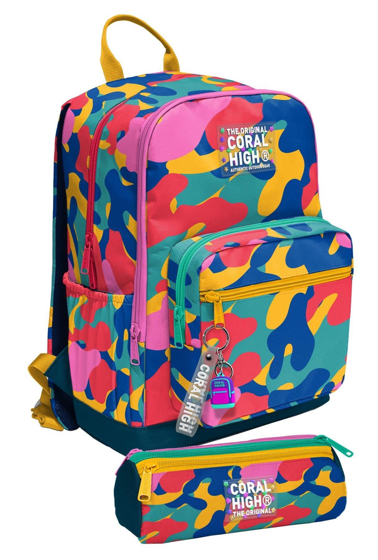 Coral High Renkli Kamuflaj Desenli İlk ve Ortaokul Sırt Çantası ve Kalemlik Seti Unisex - SETYGN33232C