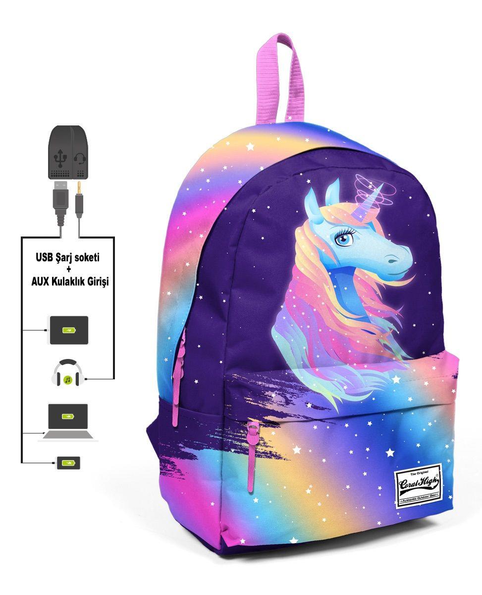 Coral High Renkli Unicorn Desenli Sırt Çantası - Okul ve Günlük - USB+AUX Soketli - Kız