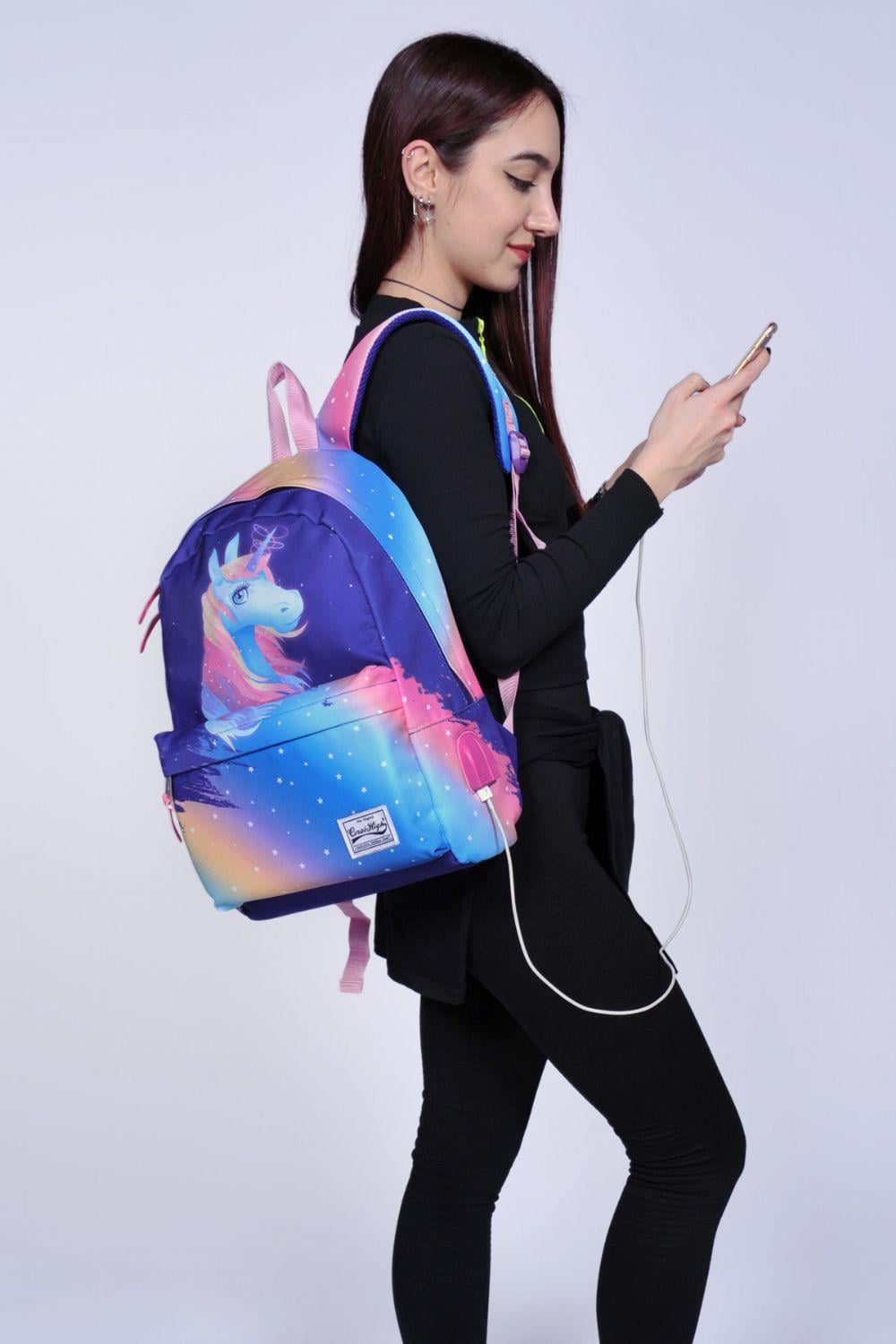Coral High Renkli Unicorn Desenli Sırt Çantası - Okul ve Günlük - USB+AUX Soketli - Kız