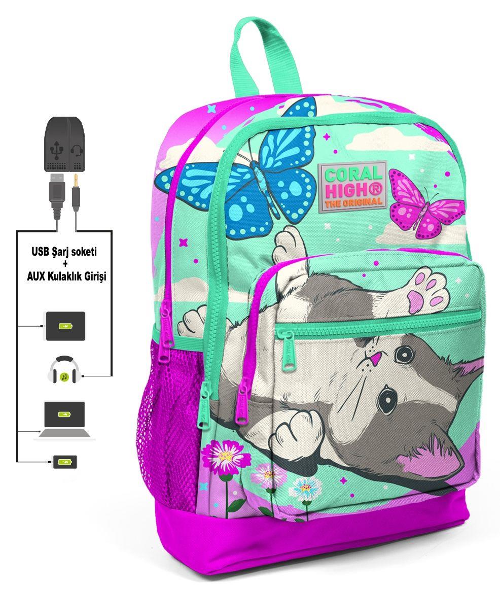 Coral High Sevimli Kedi ve Kelebek Kız İlkokul Çanta Seti - USB Çıkışlı