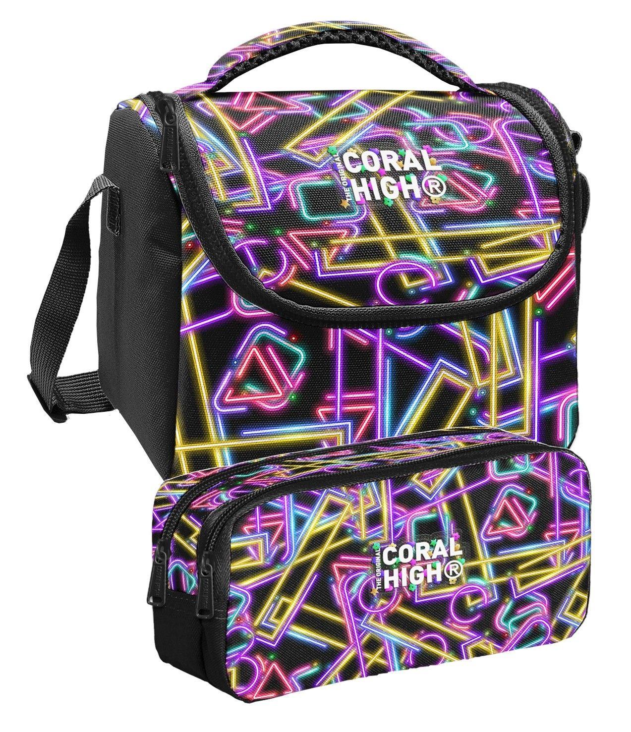 Coral High Siyah Çok Renkli Neon Desenli Kız Çocuk Beslenme ve Kalem Çantası Seti (37148+31048)