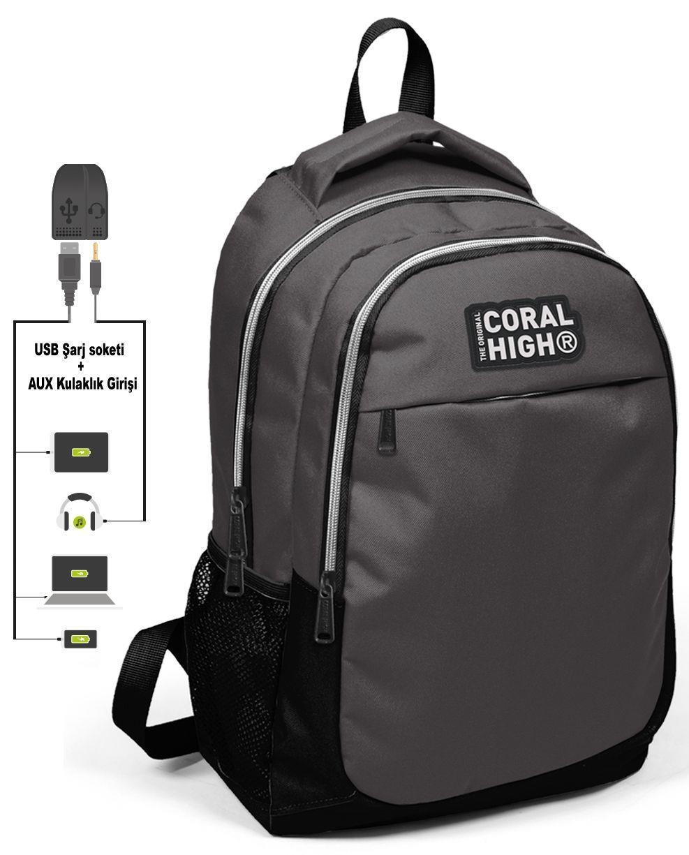 Coral High Siyah-Gri Erkek Çocuk İlkokul Çantası ve Kalemlik Seti - USB Soketli