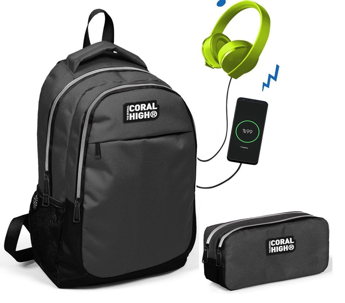 Coral High Siyah-Gri Erkek Çocuk İlkokul Çantası ve Kalemlik Seti - USB Soketli