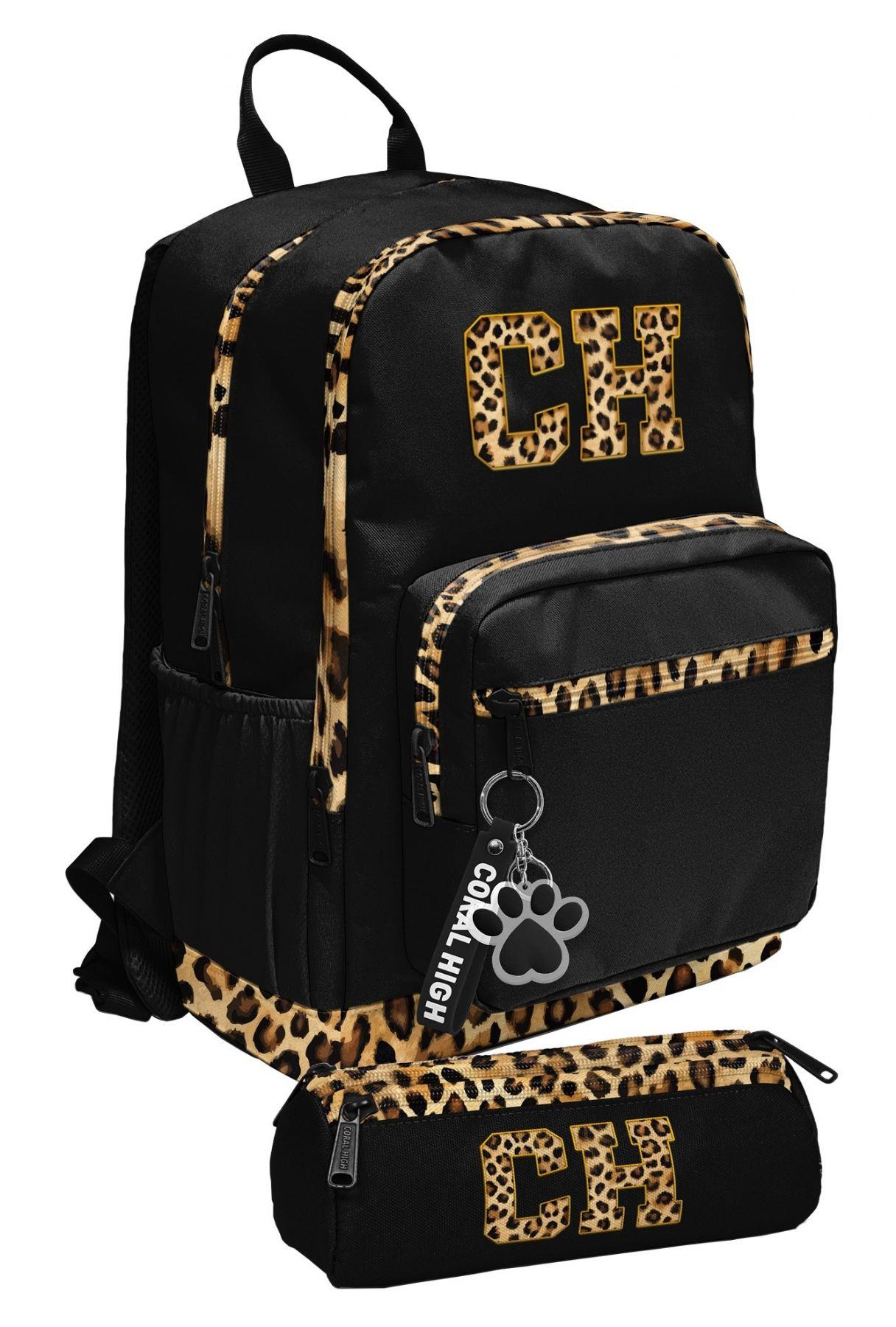 Coral High Siyah Kahverengi Leopar CH Desenli İlk ve Ortaokul Sırt Çantası ve Kalemlik Seti Kız - SETYGN33228C