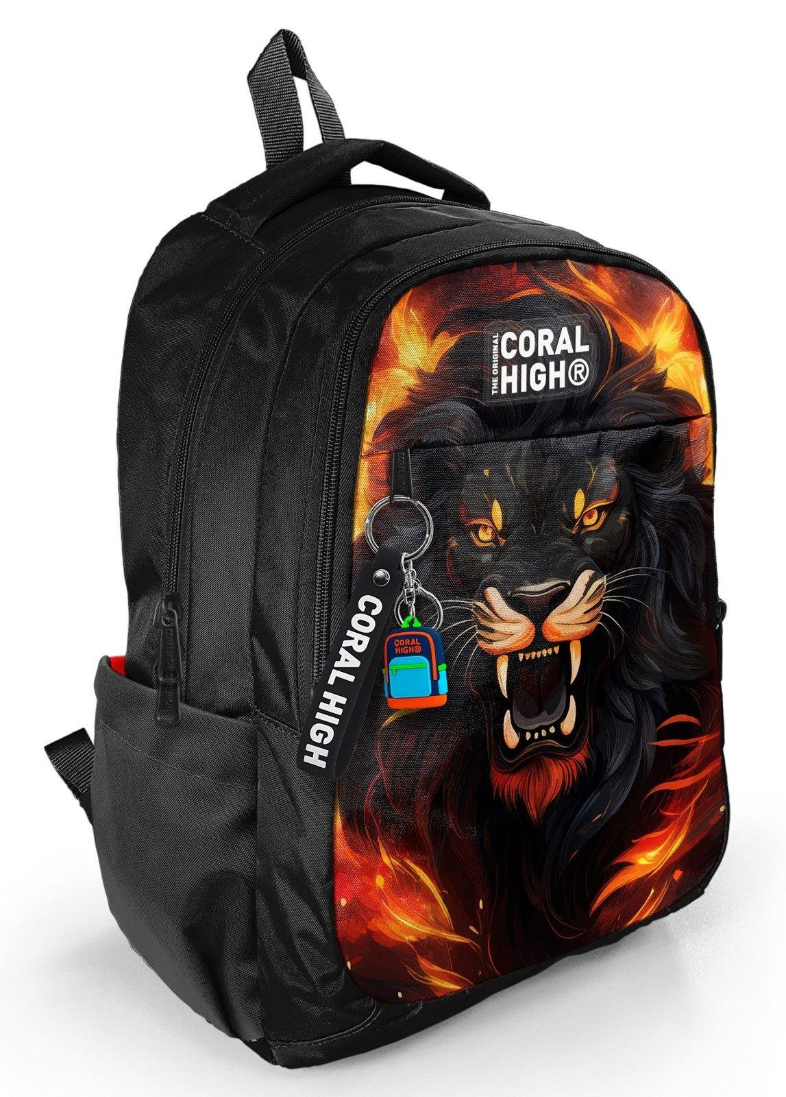 Coral High Siyah Kükreyen Aslan Desenli Erkek Çocuk İlkokul ve Ortaokul Sırt Çantası - Üç Bölmeli 23671