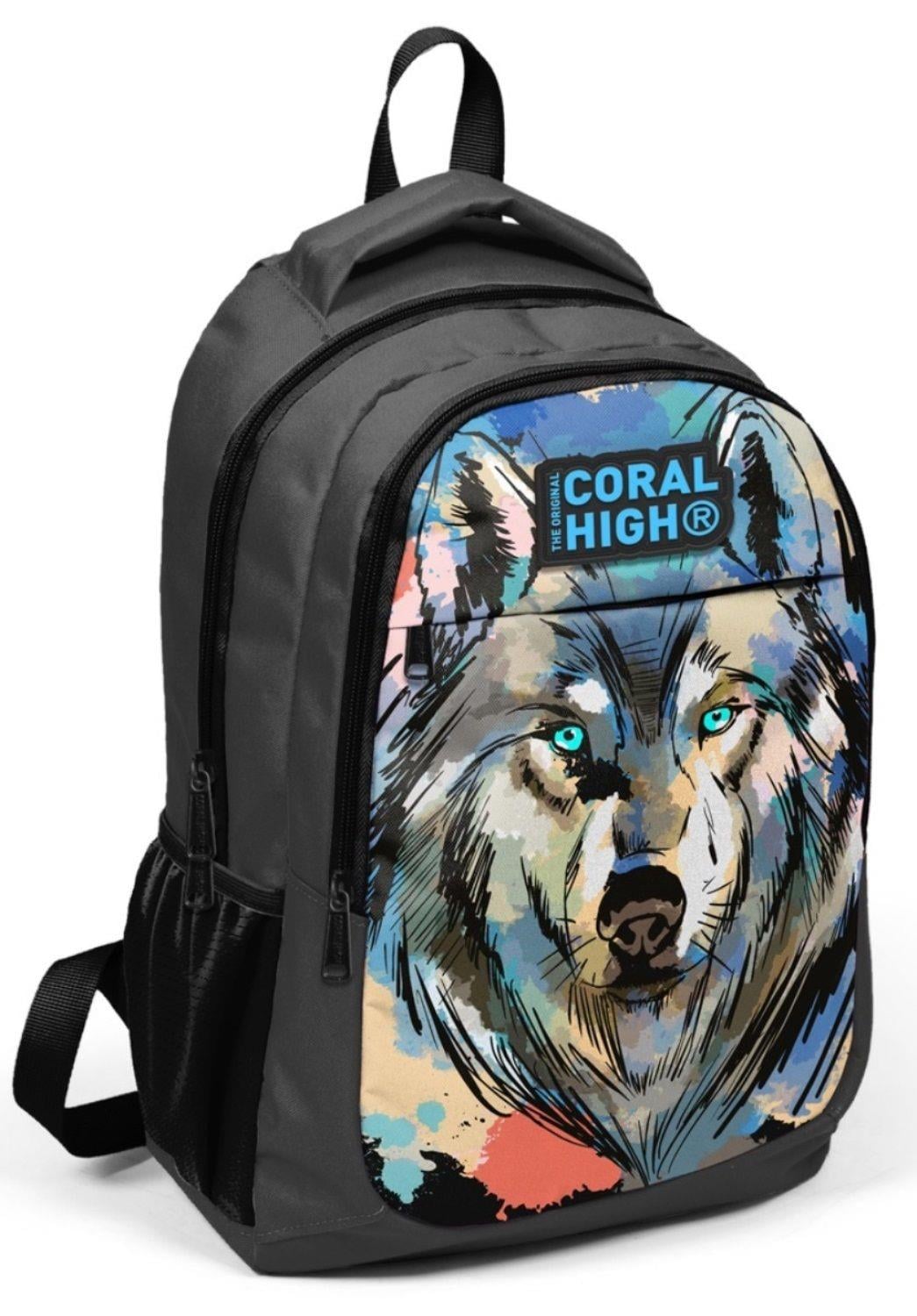 Coral High Siyah Kurt Desenli İlkokul ve Ortaokul Sırt Çantası Üç Bölmeli