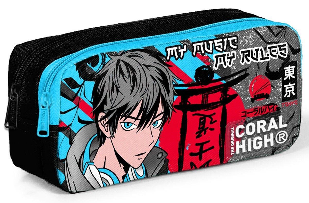 Coral High Siyah Mavi Anime Desenli Erkek Çocuk Isı Yalıtımlı Beslenme Çantası ve Kalemlik Seti
