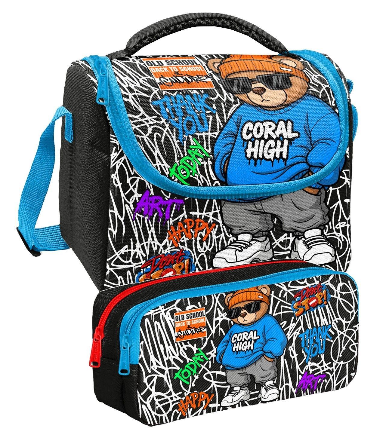 Coral High Siyah Mavi Grafiti Ayıcık Baskılı Erkek Çocuk Beslenme ve Kalem Çantası Seti (37150+31050)