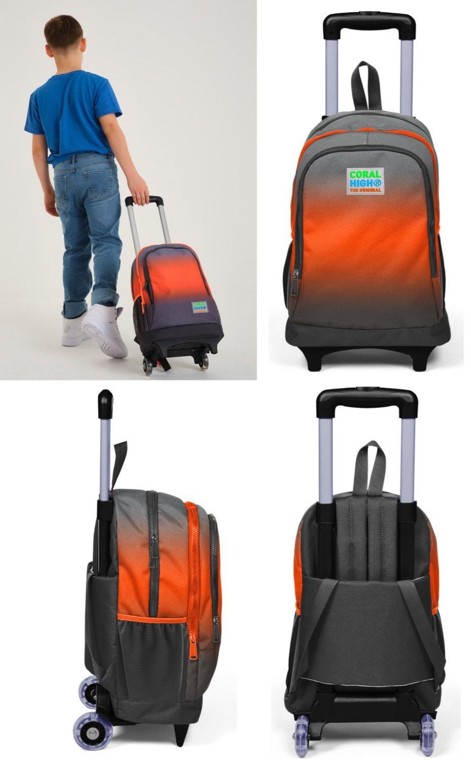 Coral High Siyah Turuncu Gradyan Çekçek Okul Çantası Seti - Işıklı Tekerlekler - Erkek Çocuk