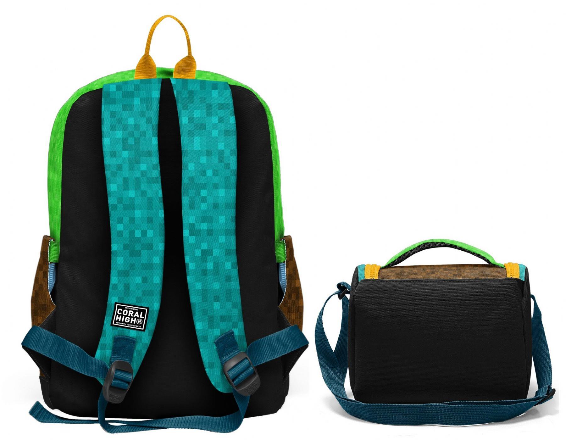 Coral High Siyah Yeşil Kahverengi Craft Desenli Erkek Çocuk Sırt Çantası ve Beslenme Çantası Seti (4 Gözlü Sırt Çantası)