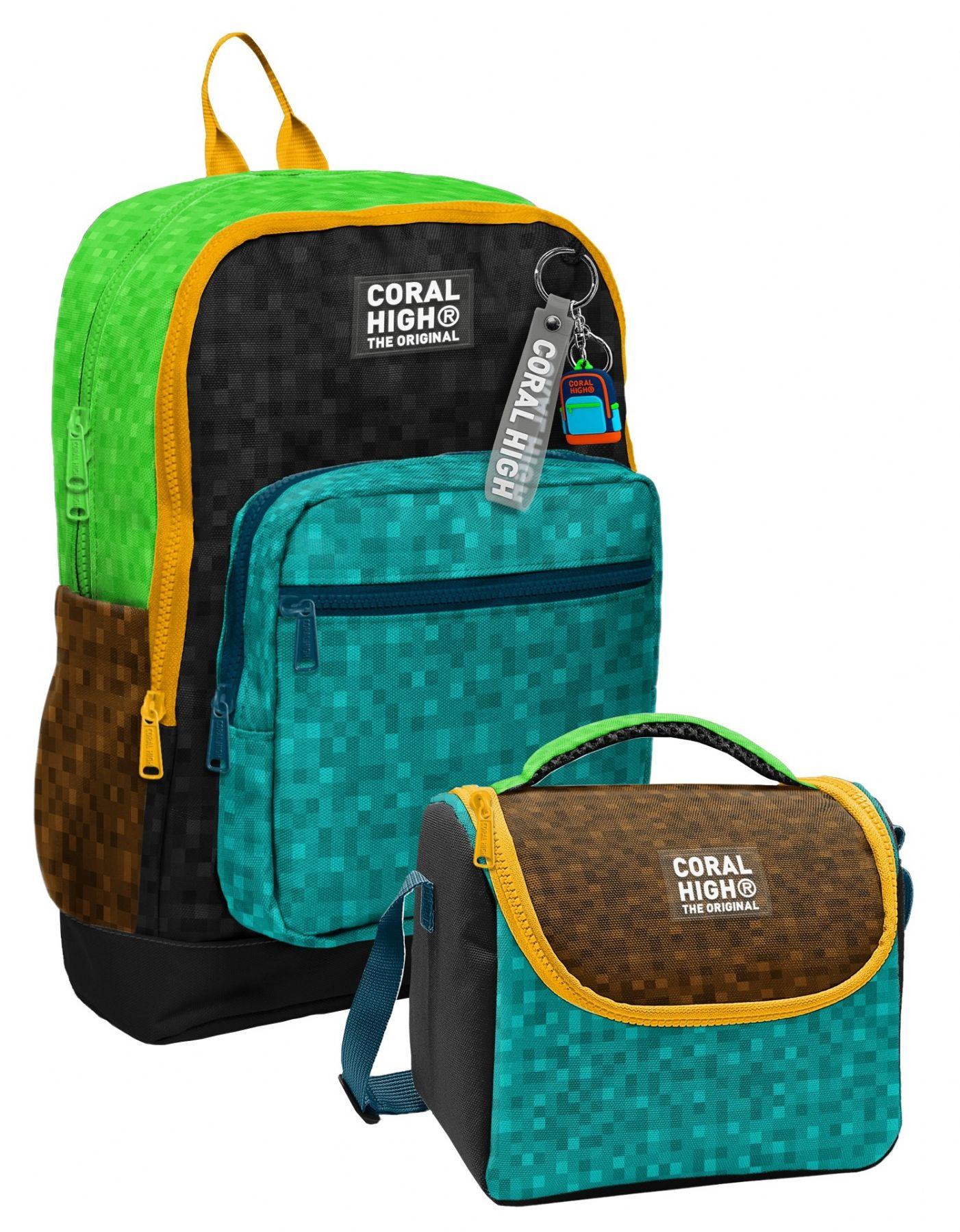 Coral High Siyah Yeşil Kahverengi Craft Desenli Erkek Çocuk Sırt Çantası ve Beslenme Çantası Seti (4 Gözlü Sırt Çantası)