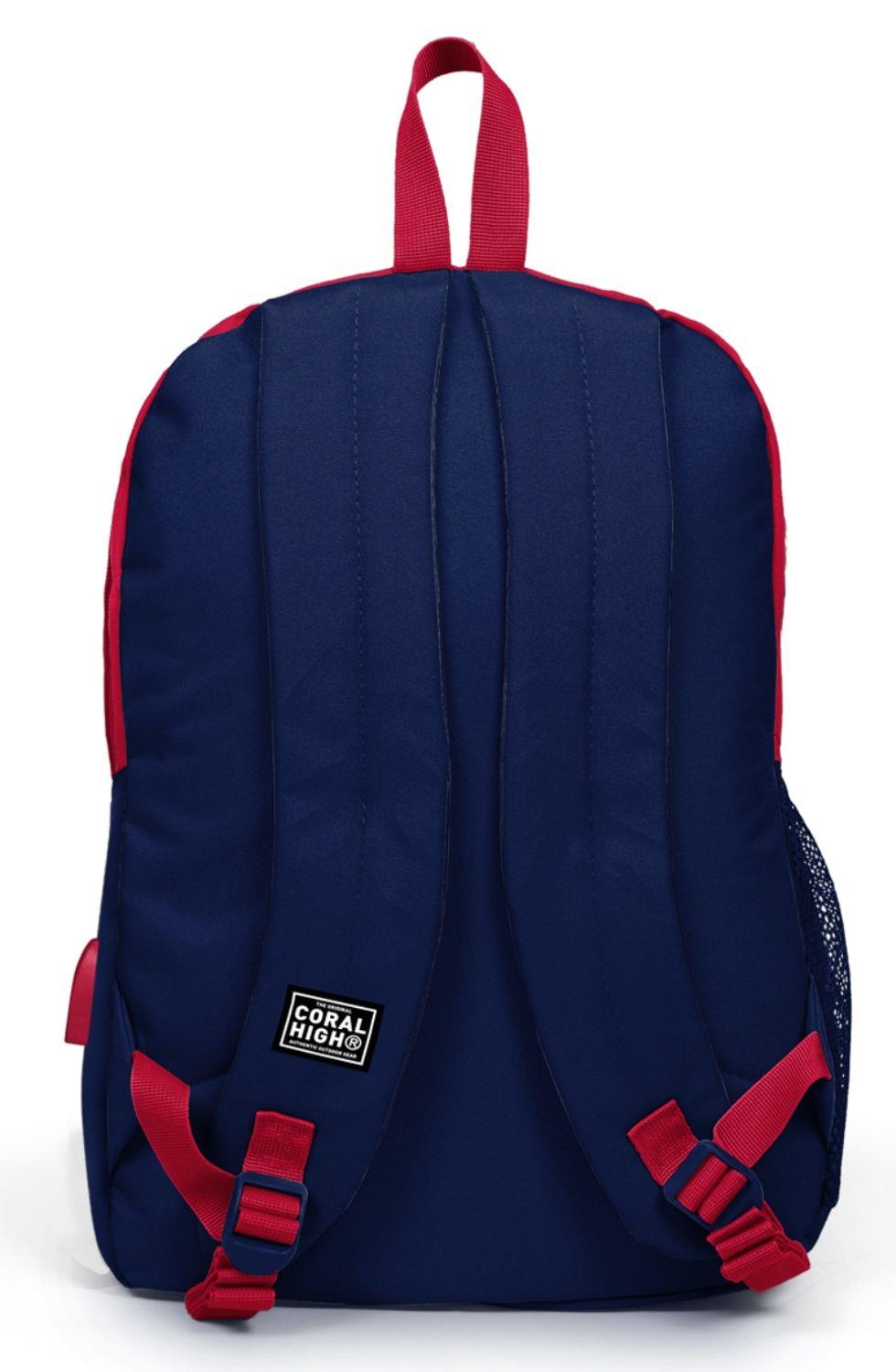 Coral High Sport Kırmızı Lacivert Okul ve Günlük Sırt Çantası - Dört Gözlü - USB ve AUX Soketli