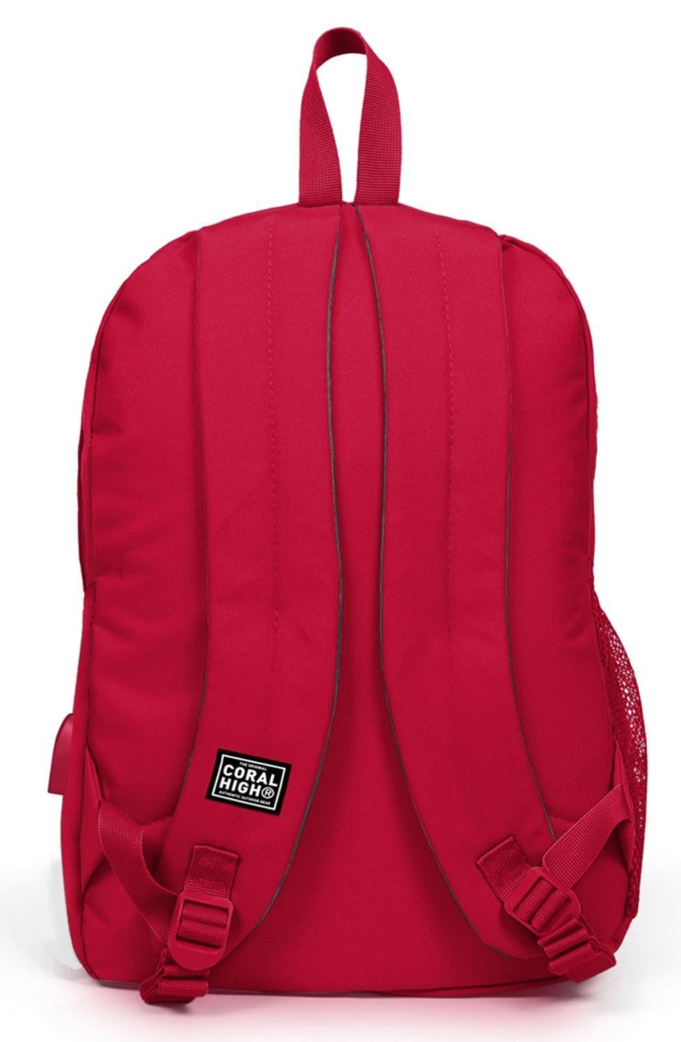 Coral High Sport Kırmızı Okul ve Günlük Sırt Çantası - Dört Gözlü - USB ve AUX Soketli