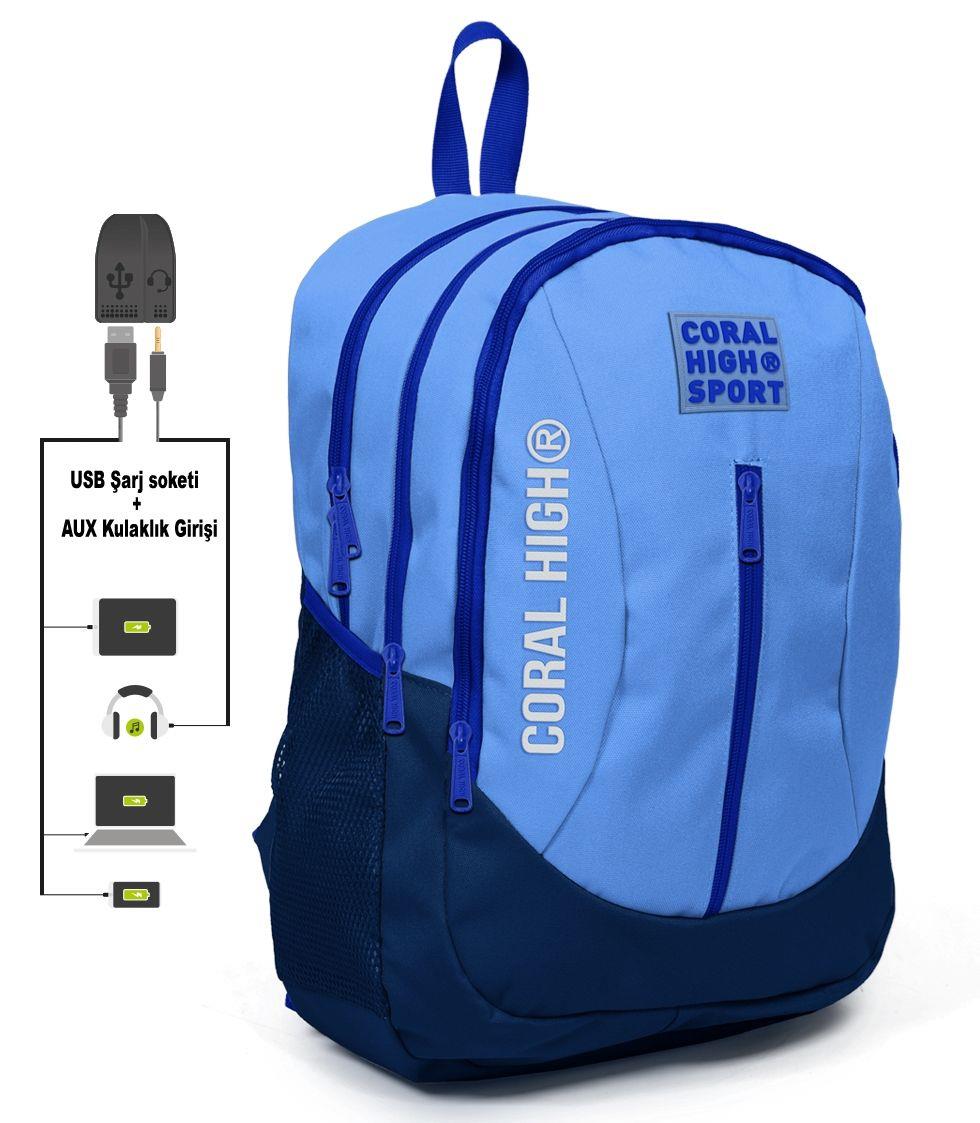 Coral High Sport Mavi Okul ve Günlük Sırt Çantası - USB ve AUX Çıkışlı