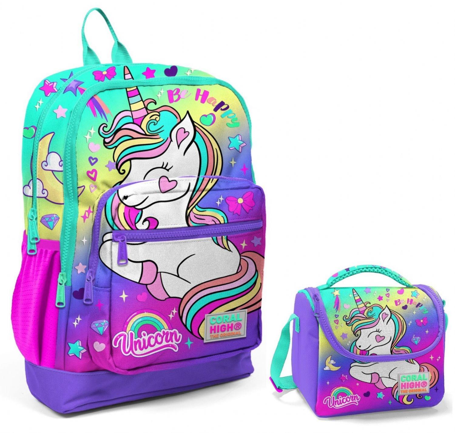 Coral High Su Yeşili Lavanta Unicorn Okul Sırt ve Beslenme Çantası Seti - Kız Çocuk