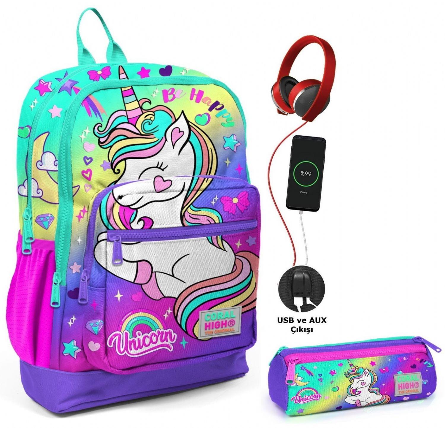 Coral High Su Yeşili Lavanta Unicorn USB Soketli Okul Çantası ve Kalemlik Seti
