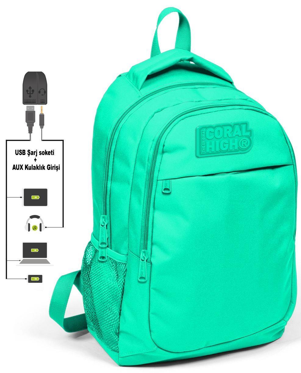Coral High Su Yeşili Okul ve Beslenme Çantası - Kız Çocuk  - USB Soketli