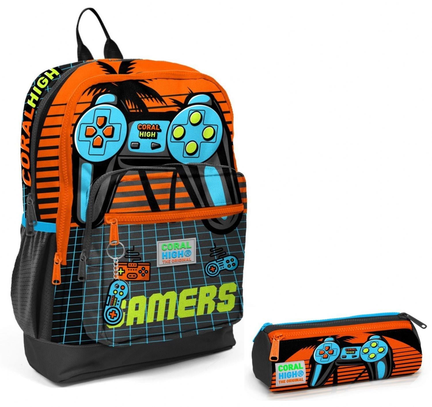 Coral High Turuncu Gamers İlkokul Sırt Çantası ve Kalemlik Seti - Erkek Çocuk
