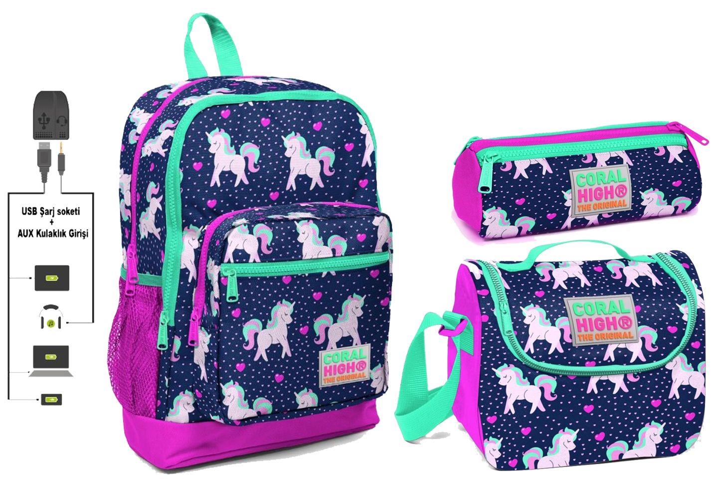 Coral High USB ve AUX Çıkışlı Okul Çanta Seti - Pembe Unicorn Baskılı - Kız Çocuk