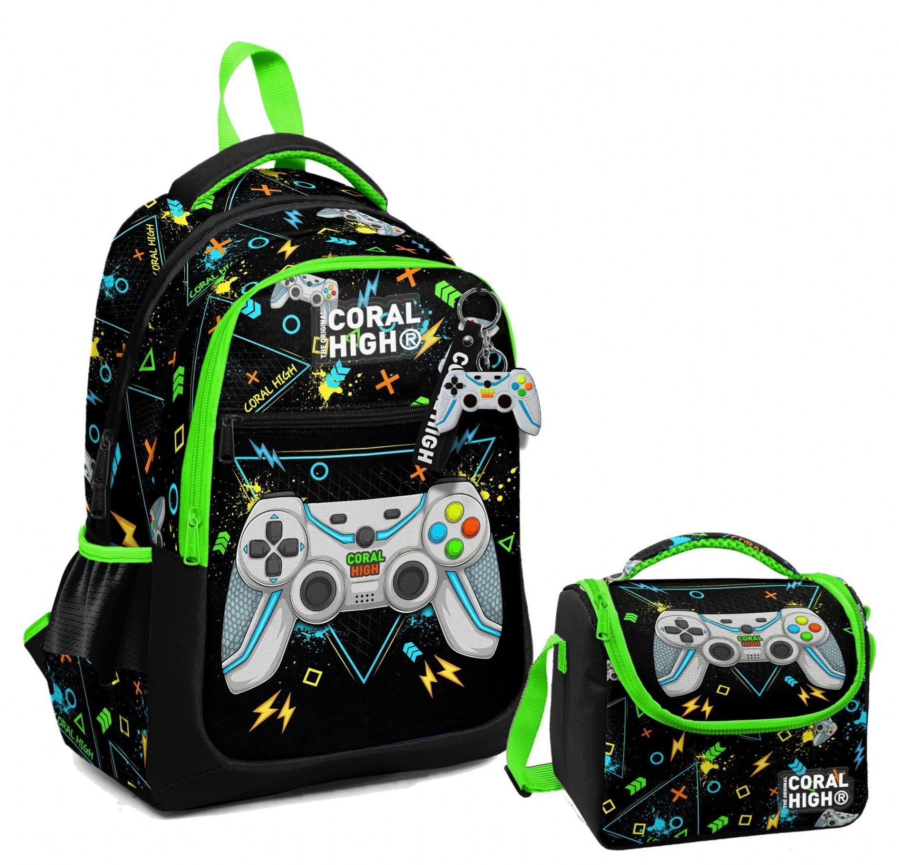 Coral High Üç Gözlü İlkokul Çantası ve Beslenme Çantası - Siyah Fosforlu Yeşil Gamer Desenli - Erkek Çocuk