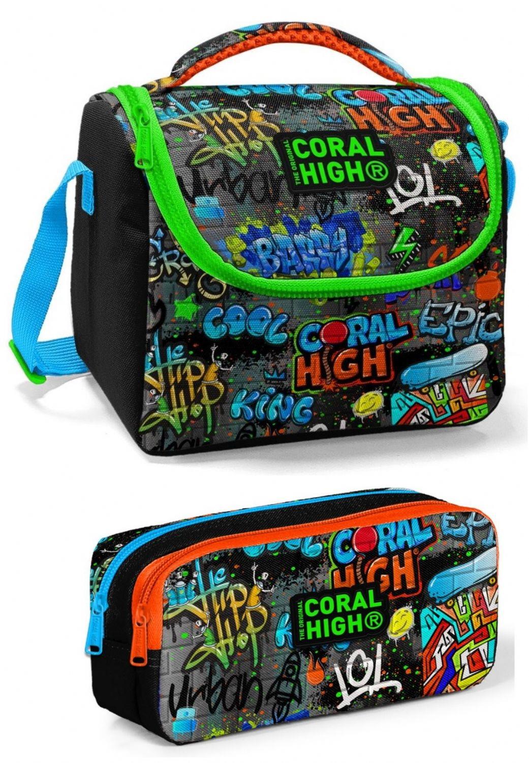 Coral High Üç Gözlü İlkokul Sırt Çantası Seti - Siyah Mavi Grafiti - Erkek Çocuk