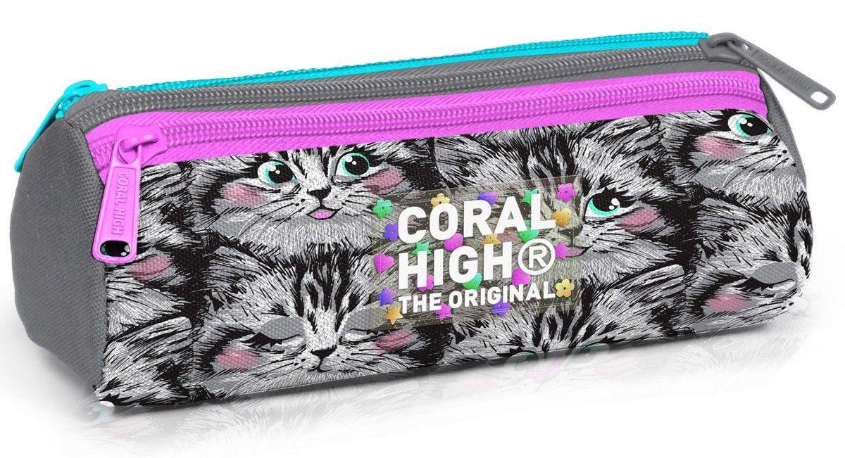 Coral High Üç Gözlü Okul Kalem Çantası - Kız Çocuk - Gri Pembe Kedi - 11165