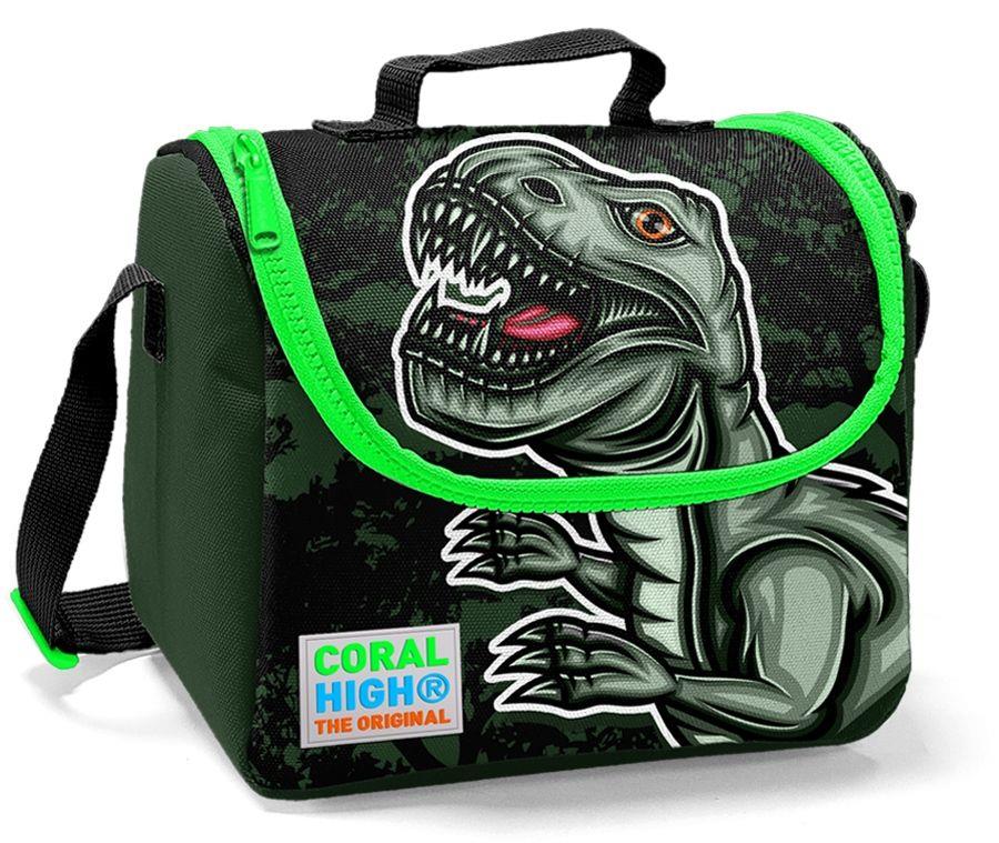 Coral High Yeşil Dinazor Baskılı Okul Çantası ve Beslenme Çantası Seti - USB Soketli