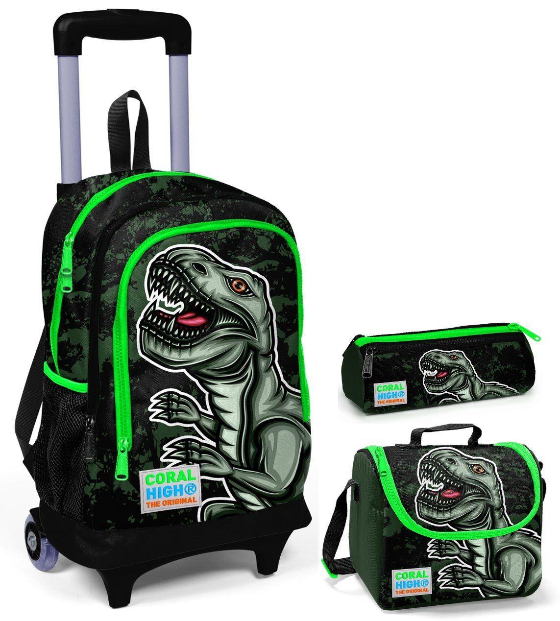Coral High Yeşil Dinazor Çekçek Çanta Seti - Işıklı Tekerlekler - Erkek Çocuk