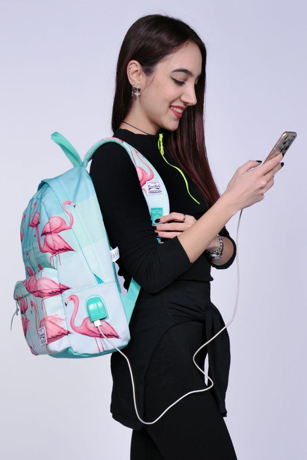 Coral High Yeşil Flamingo Desenli Sırt Çantası - Okul ve Günlük - USB+AUX Soketli