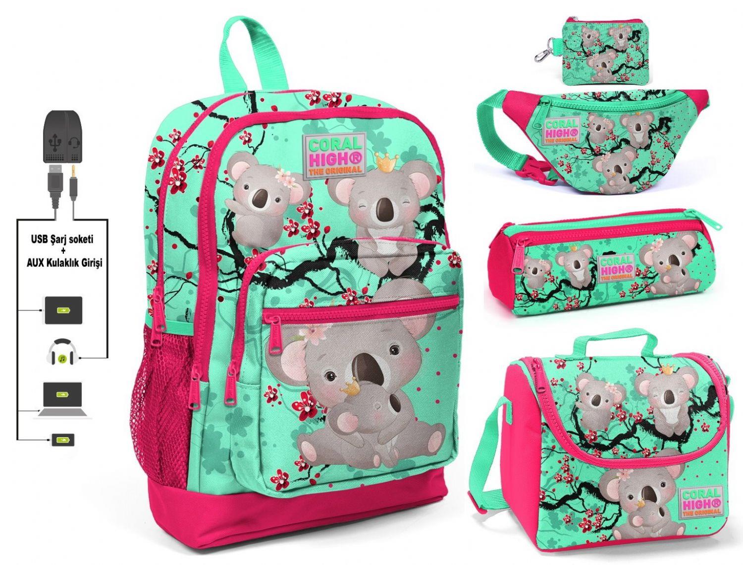 Coral High Yeşil Koala Baskılı İlkokul 5'li Çanta Seti - USB Soketli