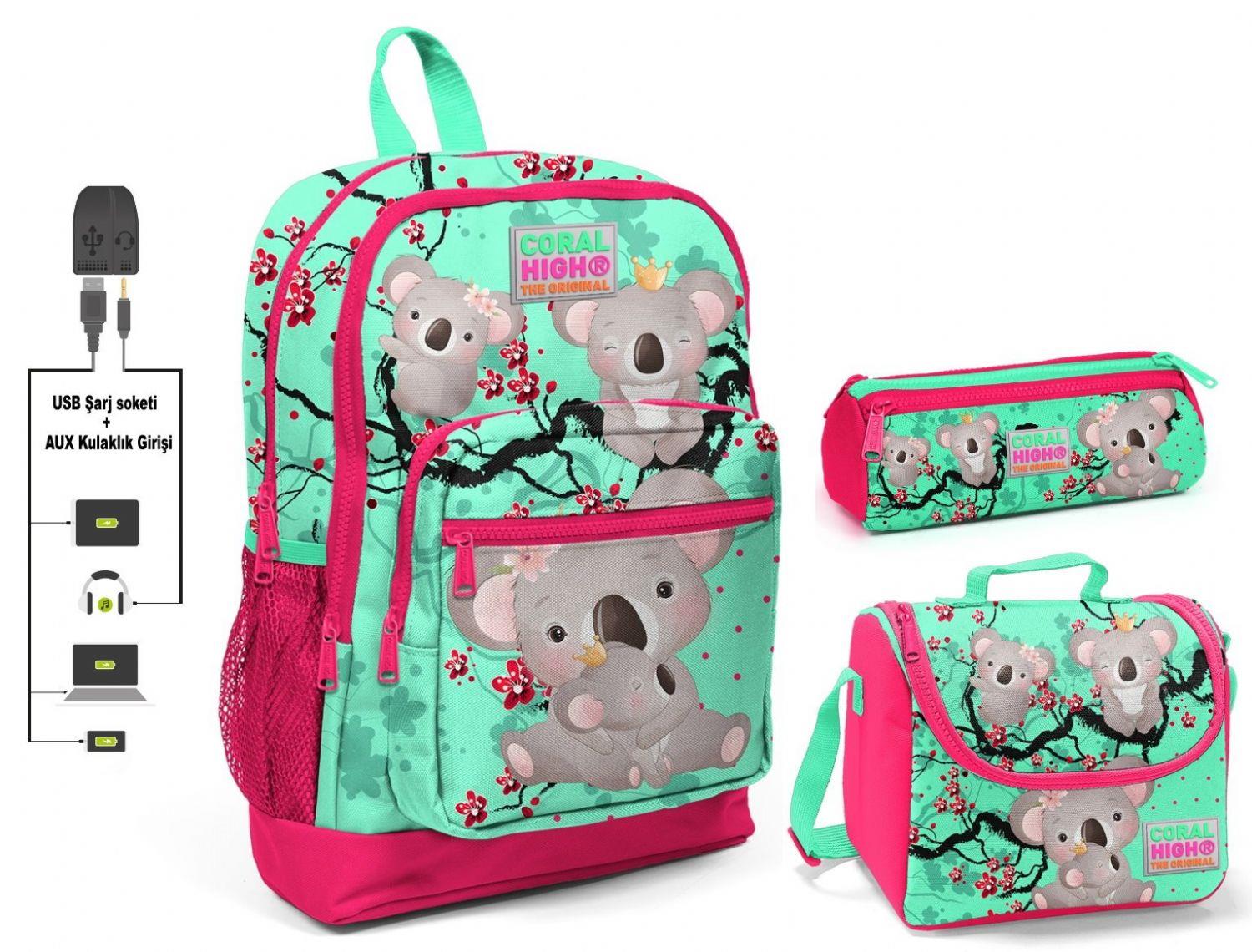 Coral High Yeşil Koala Baskılı Kız Çocuk İlkokul Çanta Seti - USB Çıkışlı