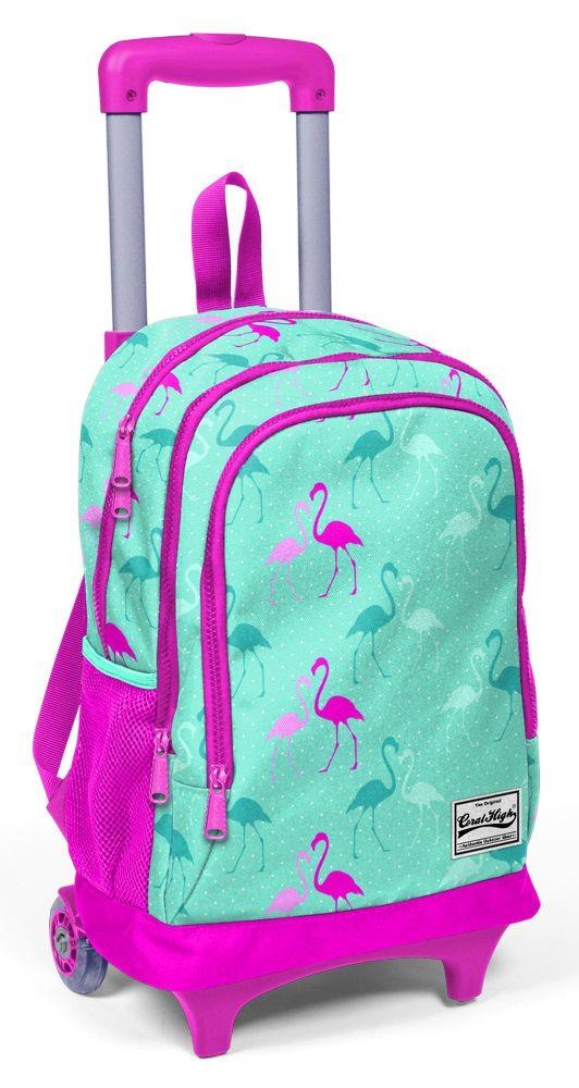 Coral High Yeşil Pembe Flamingo Baskılı Çekçek Okul Çantası - Işıklı