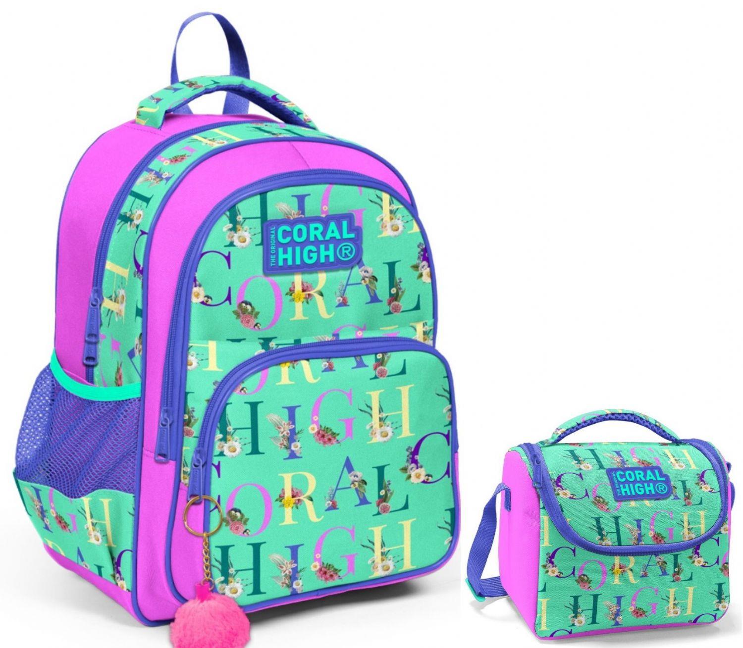 Coral High Yeşil Pembe Kız Çocuk İlkokul Çantası ve Beslenme Çantası Seti