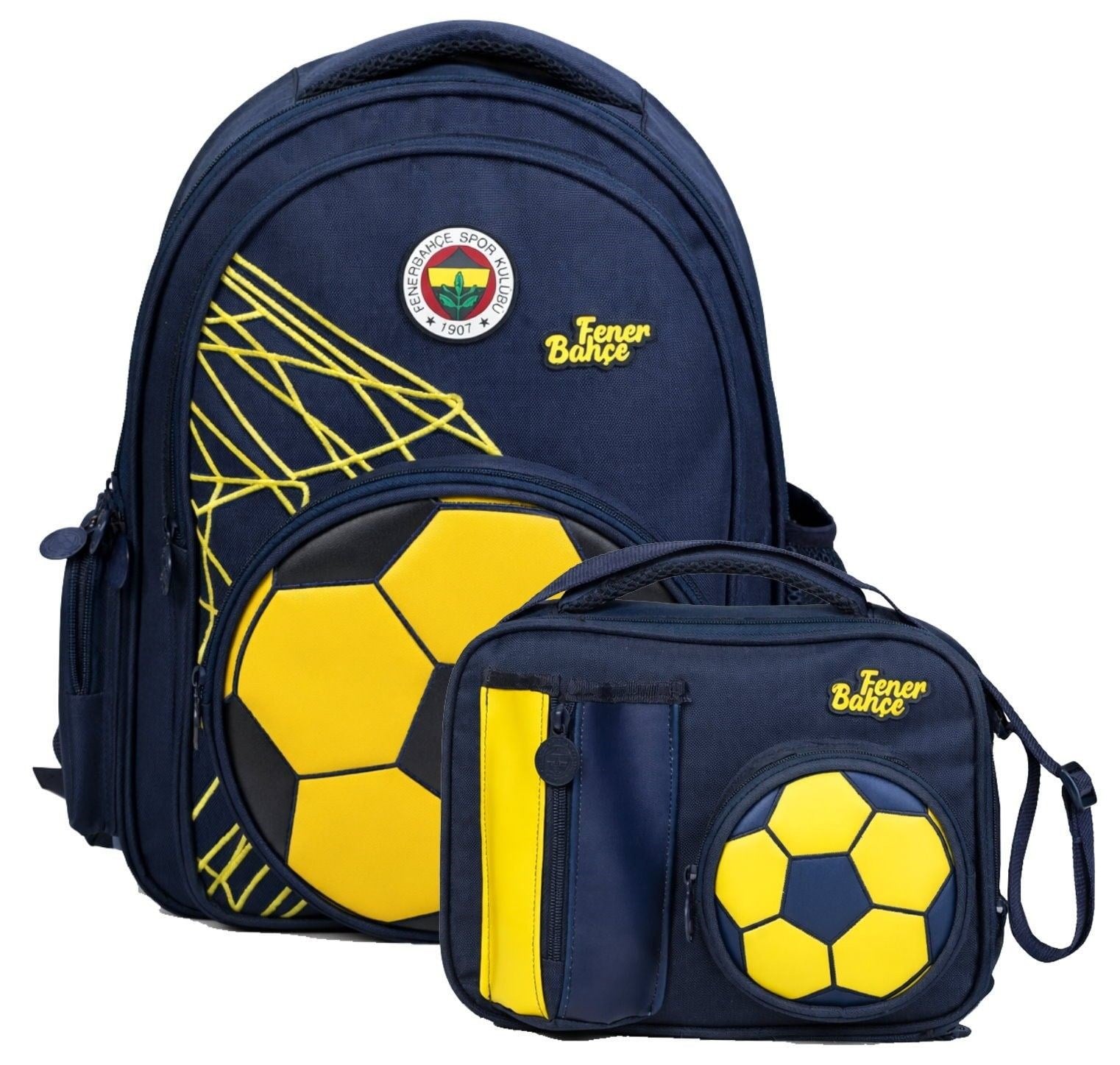 Fenerbahçe Erkek Çocuk İlkokul Çantası ve Beslenme Çantası Seti (Futbol Topu Şekilli) Sarı - Lacivert - SETFB26784B
