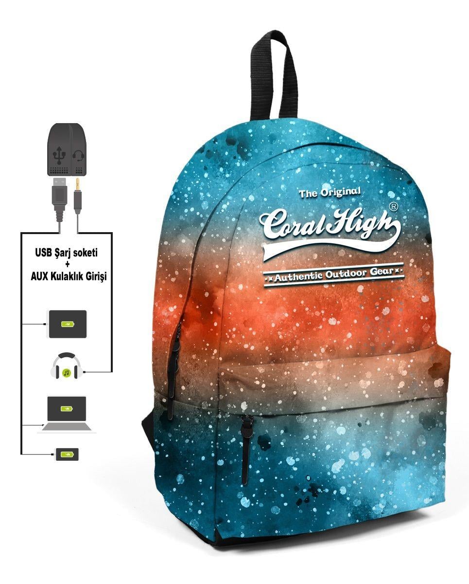 Galaksi Desenli Sırt Çantası - Okul ve Günlük - USB+AUX Soketli