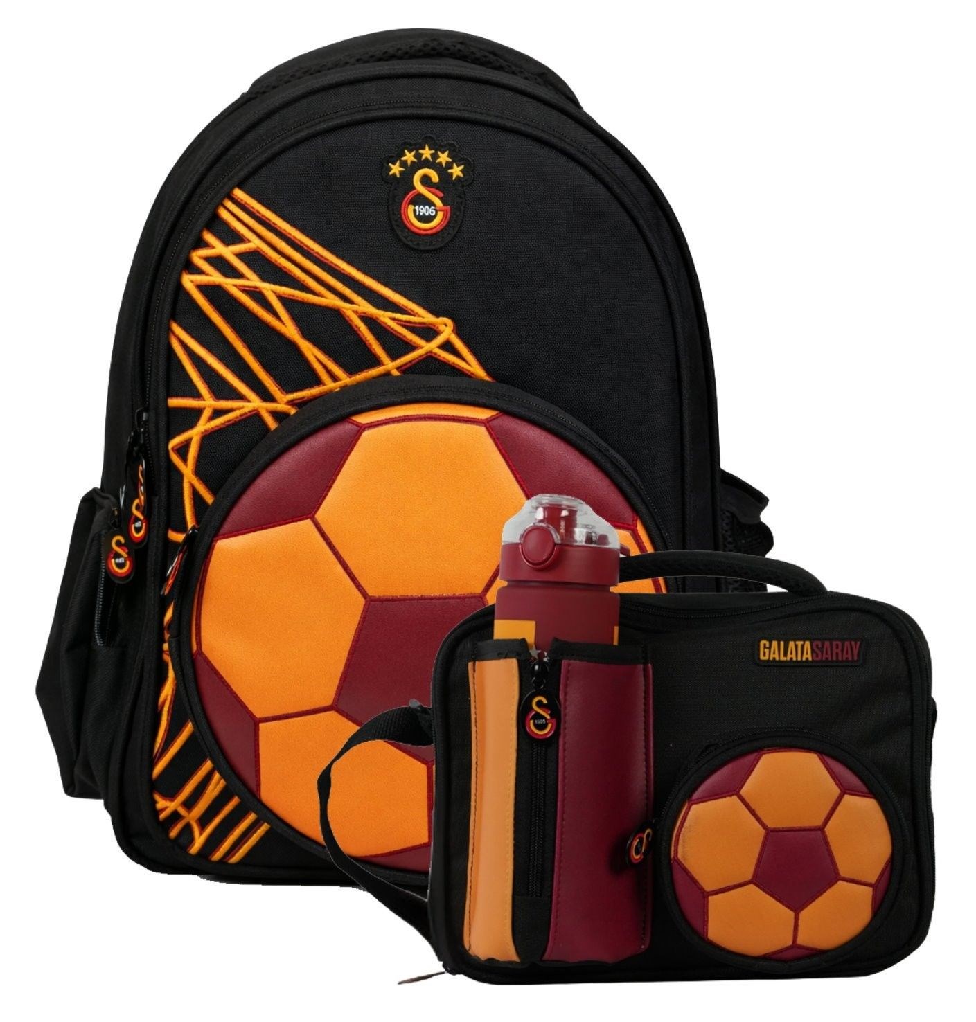 Galatasaray Erkek Çocuk İlkokul Çantası ve Beslenme Çantası Seti (Fotbol Topu Şekilli) Sarı - Kırmızı - SETGS26912B